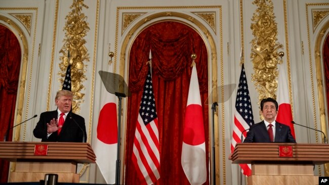 东京赤坂宫，美国总统特朗普在与日本首相安倍晋三举行的新闻发布会上发表讲话。（2019年5月27日）