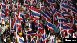 Protesters against the government-backed amnesty bill hold Thai national flags as they march in central Bangkok November 14, 2013.