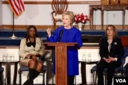 FILE - Democratic presidential contender Hillary Clinton hosted a forum at the Central Baptist Church in Columbia, South Carolina, Feb. 23, 2016. Clinton said there is no reason for the United States to still use Guantanamo Bay. (B. Allen/VOA)