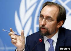 FILE - Zeid Ra'ad Al Hussein, U.N. High Commissioner for Human Rights attends a news conference on Venezuela at the United Nations Office in Geneva, Switzerland, Aug. 30, 2017.