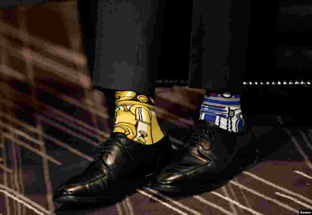 Canadian Prime Minister Justin Trudeau wears Star Wars-themed socks as he meets with his Irish counterpart, Taoiseach Enda Kenny, during his visit to Montreal, Canada.
