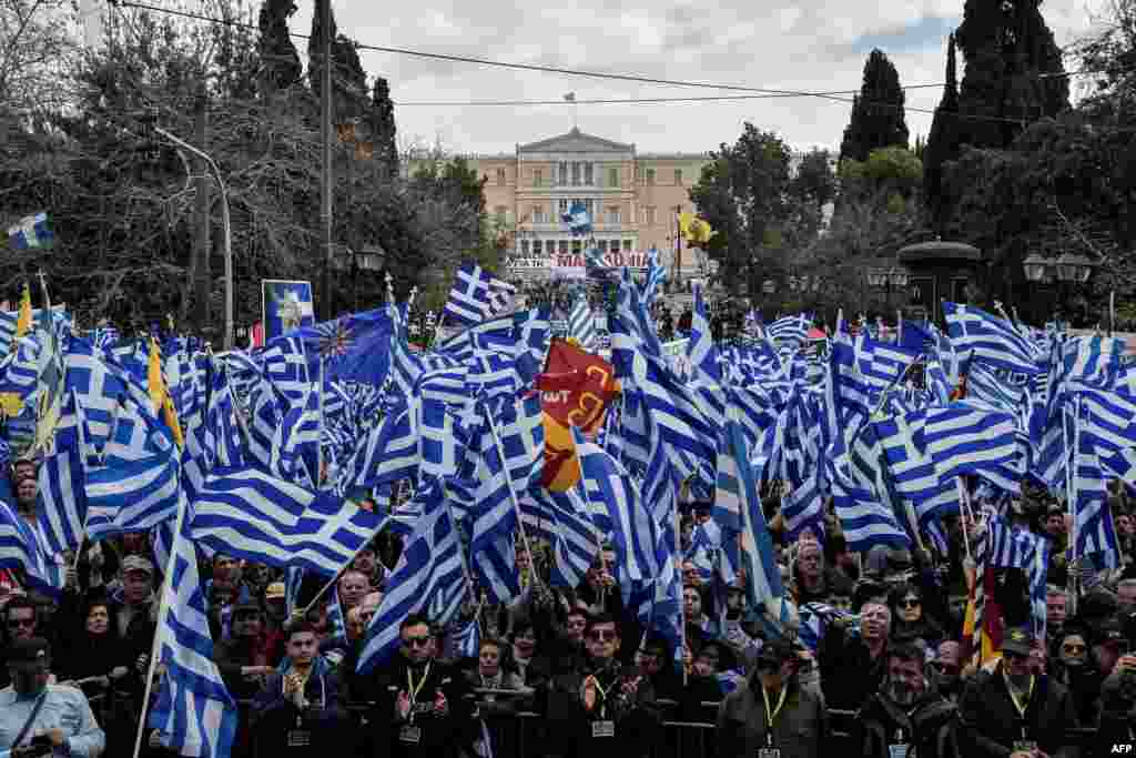 Protesters take part in a demonstration near the Greek Parliament in Athens, Greece, against the agreement with Skopje to rename neighboring country Macedonia as the Republic of North Macedonia.