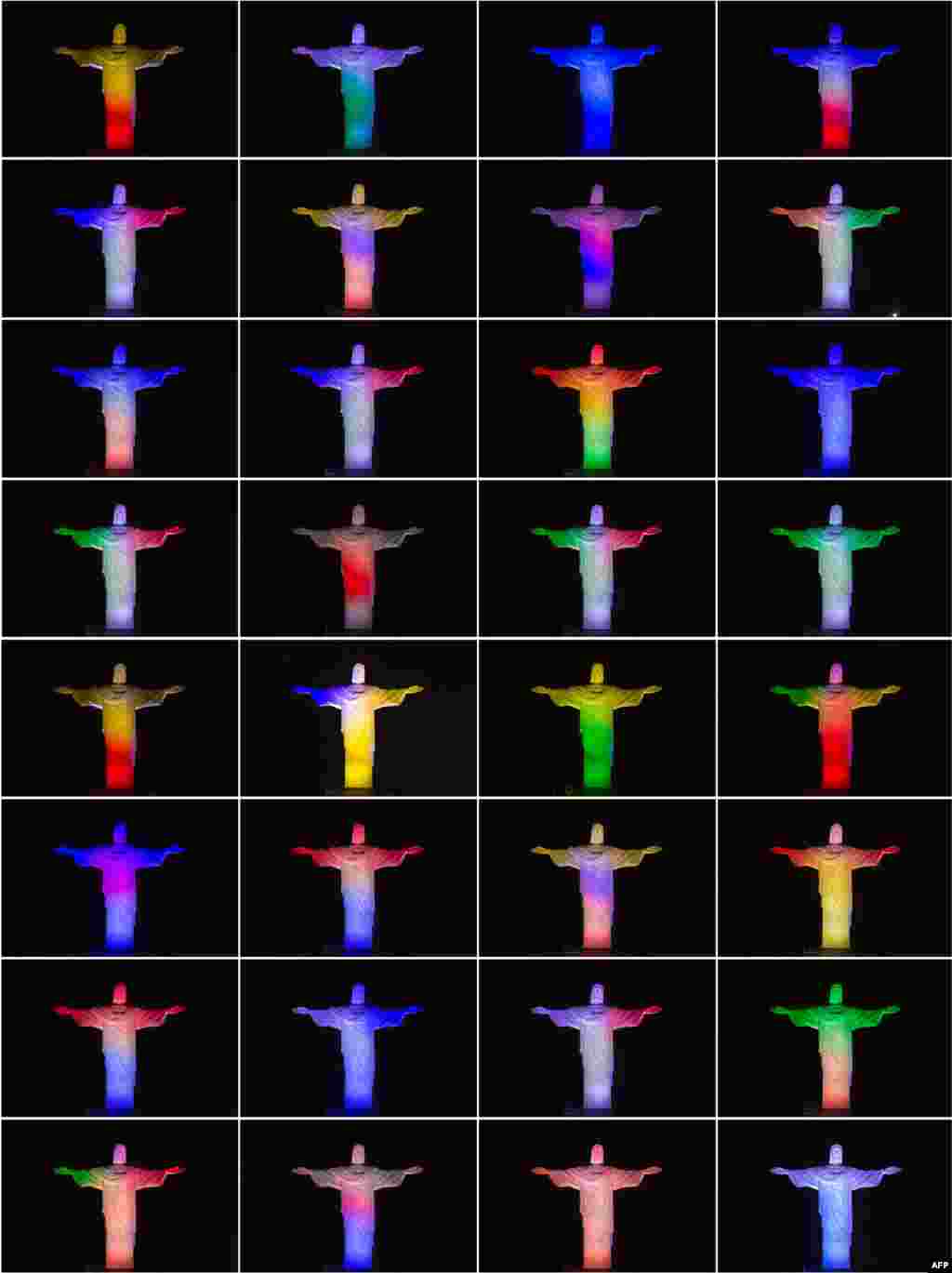 This combination of 32 photos shows the statue of the Christ the Redeemer lit with colors from national flags of all 32 nations participating in the FIFA World Cup Brazil 2014 atop Corcovado hill in Rio de Janeiro, Brazil, on the eve of the event, June 11, 2014.