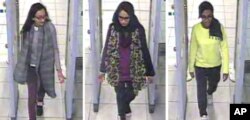 FILE - This Feb. 23, 2015, file handout image of stills taken from CCTV issued by the Metropolitan Police shows Kadiza Sultana, left, Shamima Begum, center, and Amira Abase going through security at Gatwick airport, south England, before catching their flight to Turkey. Shamima Begum told The Times newspaper in a story published Feb. 14, 2019, that she wants to come back to London.