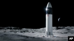 This is an illustration provided by SpaceX shows the SpaceX Starship human lander design that will carry the first NASA astronauts to the surface of the Moon under the Artemis program. (SpaceX/NASA via AP)