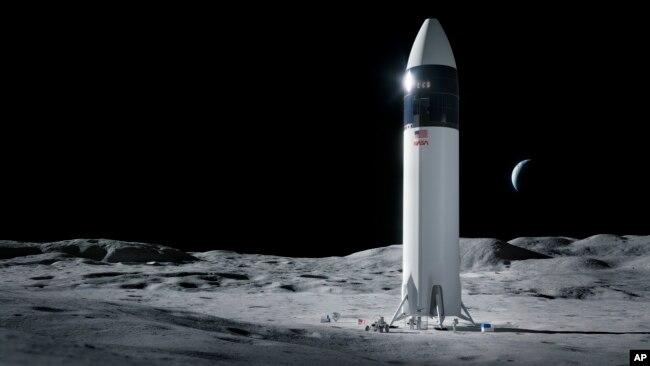 This is an illustration provided by SpaceX shows the SpaceX Starship human lander design that will carry the first NASA astronauts to the surface of the Moon under the Artemis program. (SpaceX/NASA via AP)