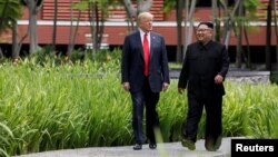 도널드 트럼프 미국 대통령과 김정은 북한 국무위원장이 지난해 6월 12일 싱가포르 카펠라 호텔에서 오찬을 마친 뒤 함께 산책로를 걷고 있다.