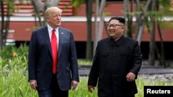 도널드 트럼프 미국 대통령과 김정은 북한 국무위원장이 지난달 12일 싱가포르 카펠라 호텔에서 오찬을 마친 뒤 함께 산책로를 걷고 있다.