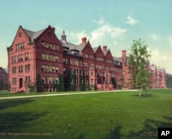 Colleges are going green - just not this kind. This postcard view of a Vassar College dormitory and spacious greensward in Poughkeepsie, New York, was created in 1904.