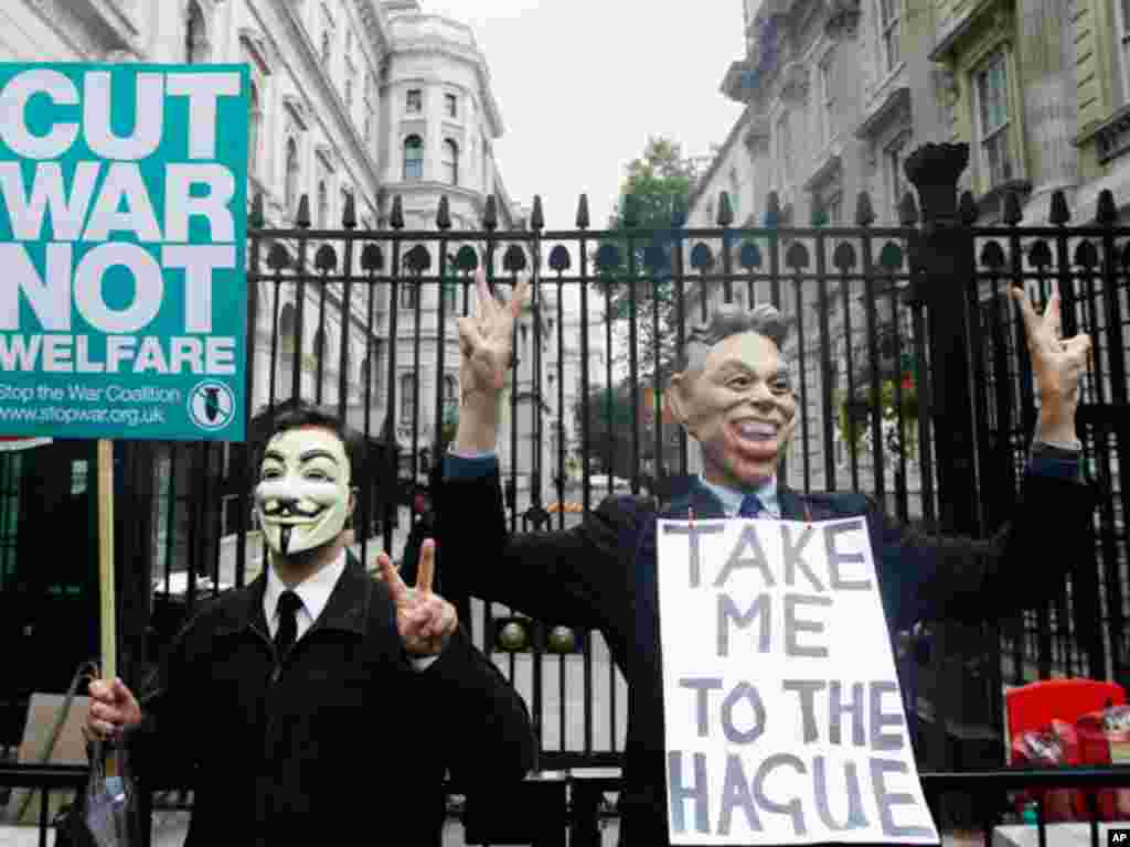 A demonstrator dressed as former Prime Minister Tony Blair protests during a Stop the War rally outside Downing street, central London October 8, 2011. The rally is timed to coincide with this week's tenth anniversary of the start of the war in Afghanista
