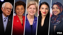 Des élus démocrates de la gauche progressiste : le sénateur Bernie Sanders, la représentante Barbara Lee, la sénatrice Elizabeth Warren, les représentantes Alexandria Ocasio-Cortez et Ilhan Omar.