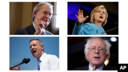 The Democratic nominees for the 2016 U.S. presidential elections: Lincoln Chafee, Hillary Clinton, Martin O'Malley and Bernie Sanders. 