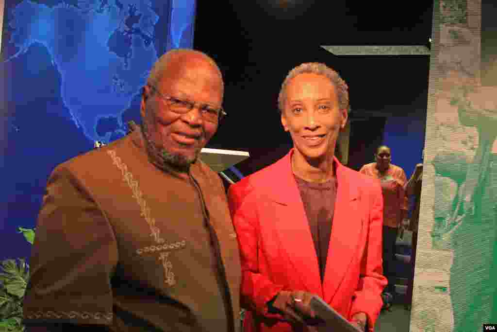 Aleck Che Mponda, retired pioneer Swahili broadcaster (L) with Gwen Dillard, Director of the Africa Division (R)