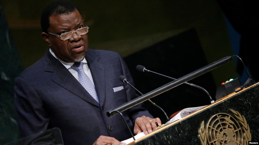 Le président namibien Hage Geingob devant l'assemblée de l'ONU pour la 70e session à New York, le 29 septembre 2015.