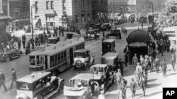 Times Square area near 42nd Street in New York City in the 1920s. Sounds from that era are now available online.