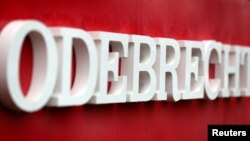 The corporate logo of the Odebrecht SA construction conglomerate is pictured at its headquarters in Sao Paulo, Brazil, Aug. 3, 2018. 