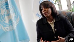 WFP (World Food Program ) executive director Ertharin Cousin answers questions during an interview with The Associated Press, in Rome, April 3, 2017.