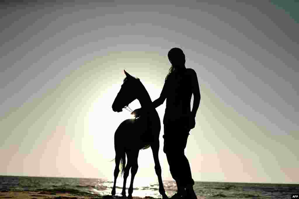 A Palestinian man leads his horse out of the sea after cleaning it in the water in Gaza City, June 13, 2017.