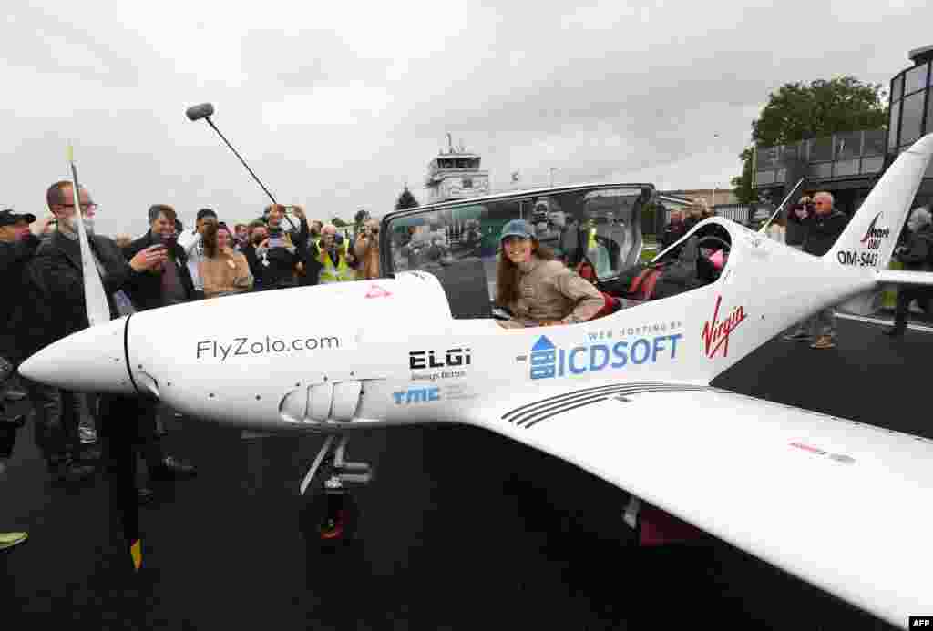 British-Belgian pilot Zara Rutherford, 19, is seen before taking off for a round-the-world trip in a light aircraft, in an effort to become the youngest woman to fly alone around the world, in Wevelgem, Belgium.