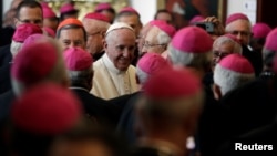 Pope Francis, center, meets with Colombia's cardinals and archbishops at the Cardinal's Palace at Bolivar Square in Bogota, Colombia, Sept. 7, 2017.