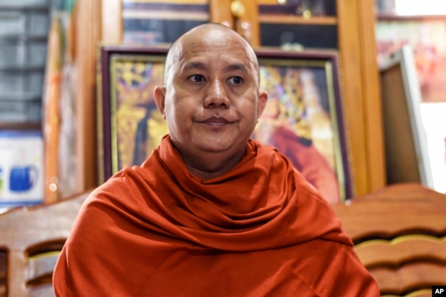 FILE - Wirathu, a high-profile leader of the Myanmar Buddhist organization known as Ma Ba Tha, is interviewed at his monastery in Mandalay, Myanmar, Nov. 12, 2016.