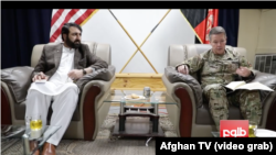 U.S General Scott Miller in meeting with Nangarhar governor Hayatullah Hayat on Dec 23, 2018.