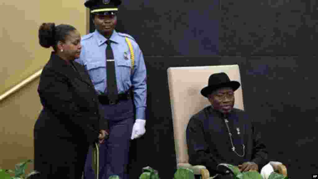 Nigeria's President Goodluck Jonathan prepares to address the 68th session of the United Nations General Assembly, Tuesday, Sept. 24, 2013.