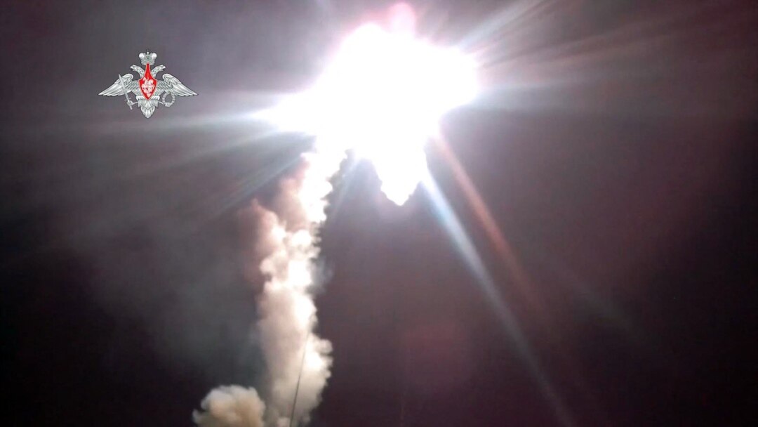 This handout video grab released, Nov. 29, 2021, shows the launch of a new Zircon hypersonic cruise missile from the the Admiral Gorshkov warship at a target in the Barents Sea.