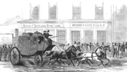 The Overland Mail stage departing for San Francisco, October 23, 1858.
From Frank Leslie's Illustrated News