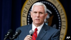 Vice President Mike Pence speaks during a town hall with business leaders in the South Court Auditorium on the White House complex in Washington, April 4, 2017. 