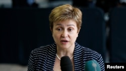 European Commissioner for International Cooperation, Humanitarian Aid and Crisis Response Kristalina Georgieva speaks as she arrives at an European Union foreign ministers meeting in Luxembourg, April 22, 2013. 