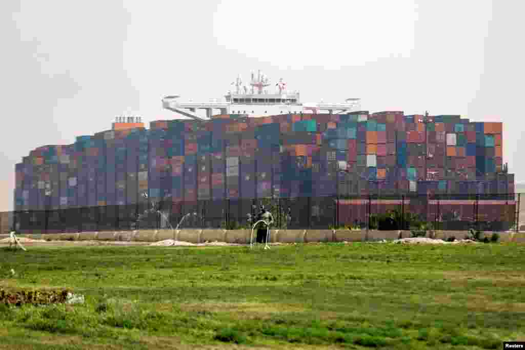 A ship is seen after sailing through Suez Canal, in Ismailia, Egypt.