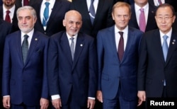 Afghanistan's Chief Executive Abdullah Abdullah, President Ashraf Ghani, European Council President Donald Tusk and U.N. Secretary-General Ban Ki-moon pose for a family photo during the Brussels Conference on Afghanistan, in Belgium, Oct. 5, 2016.