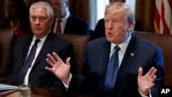 FILE - President Donald Trump speaks during a cabinet meeting at the White House, Nov. 1, 2017, with Secretary of State Rex Tillerson looking on.