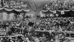 Theodore Roosevelt at what appears to be the first Progressive Party Convention. They met in August 1912 in Chicago, Illinois, and nominated him to run for president.