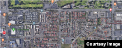Từ trên: Khu vực Colonia Juarez phía nam công viên Mile Square Park hiện nay, năm 1947, 1989, và 2020. (Ảnh OC Public Works và Google Maps)