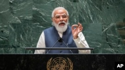 India's Prime Minister Narendra Modi addresses the 76th Session of the U.N. General Assembly at United Nations headquarters in New York City, Sept. 25, 2021. 