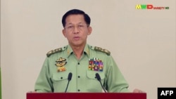 This screen shot provided via AFPTV was taken from a broadcast by Myawaddy TV in Myanmar on February 8, 2021. It shows Myanmar military chief General Min Aung Hlaing addressing the nation. (AFP)