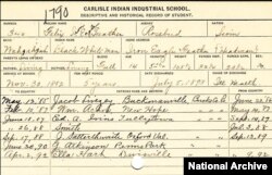 Information card on Felix Iron Eagle Feather, a member of the Sioux Nation, who entered Carlisle Indian Industrial school in November 1882. National Archives and Records Administration, identifier RG 75, Series 1327, box 37, folder 1790