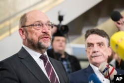 The chairman of the Social Democratic Party, SPD, Martin Schulz speaks to reporters in Dortmund, Germany, Jan. 15, 2018.