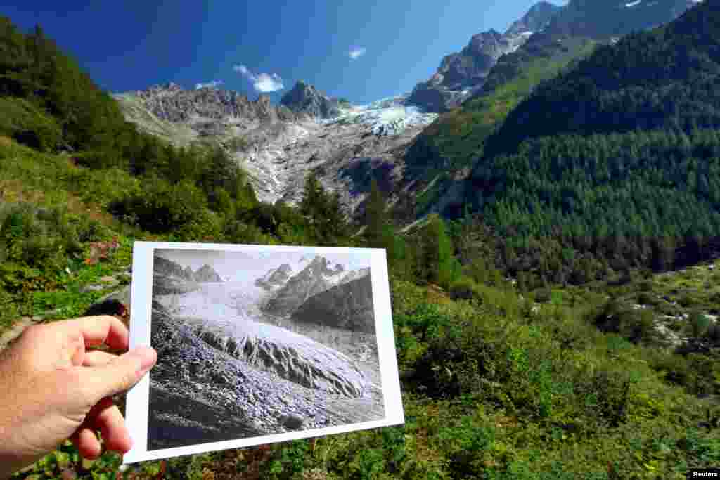 ٹرینٹ گلیشیئر کی یہ چھوٹی اور بلیک اینڈ وائٹ تصویر 1891 میں لی گئی تھی جس میں برف نظر آ رہی ہے جب کہ پسِ منظر میں وہی گلیشیئر اب صرف پہاڑ پر پڑی تھوڑی سی برف میں تبدیل ہوا دکھائی دے رہا ہے۔