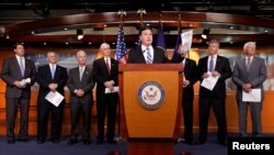 Rep. Todd Rokita (R-IN) announces the 2018 budget blueprint during a press conference on Capitol Hill in Washington, July 18, 2017.