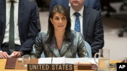 니키 헤일리 유엔주재 미국대사가 지난 20일 안보리에서 발언을 하고 있다.