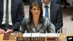 Duta Besar Amerika untuk PBB Nikki Haley berbicara pada pertemuan DK PBB, Selasa (20/2).