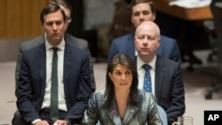 American Ambassador to the United Nations Nikki Haley speaks during a Security Council meeting on the situation in Palestine, Tuesday, Feb. 20, 2018 at United Nations headquarters.