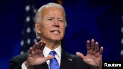 Mantan wakil presiden Joe Biden saat menerima nominasi sebagai calon presiden dari Partai Demokrat di Wilmington, Delaware, 20 Agustus 2020.