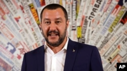 FILE - Matteo Salvini, leader of the Northern League party, meets the media at the Foreign Press Association headquarters in Rome, July 11, 2017.