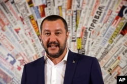 FILE - Matteo Salvini, leader of the Northern League party, meets the media at the Foreign Press Association headquarters in Rome, July 11, 2017.