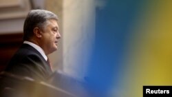 Ukrainian President Petro Poroshenko delivers a speech to parliament in Kyiv, Ukraine, Sept. 7, 2017.