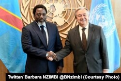 FILE - Democratic Republic of Congo President Joseph Kabila and U.N. Secretary-General Antonio Guterres shake hands during the U.N. General Assembly, New York, Sept. 23, 2017.